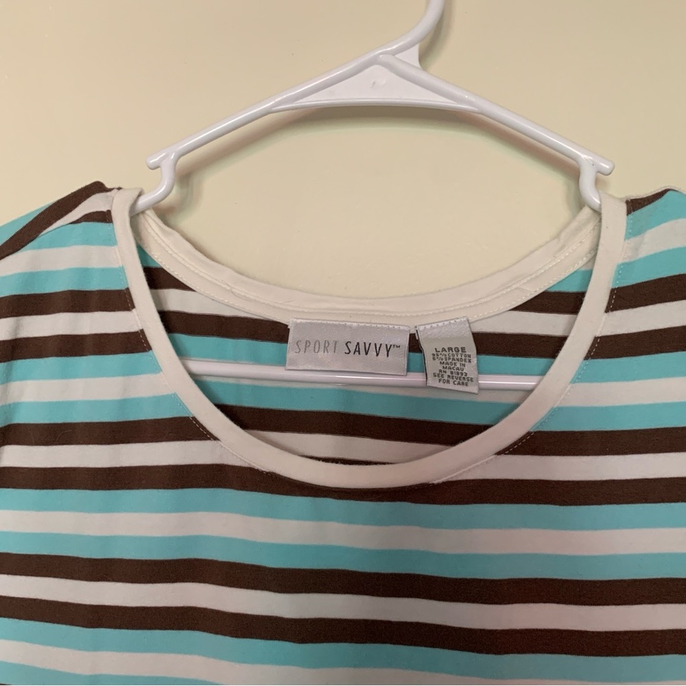 Women’s Large SPORT SAVVY Vintage Brown Aqua White Striped Stretchy Casual Tee - Picture 3 of 3